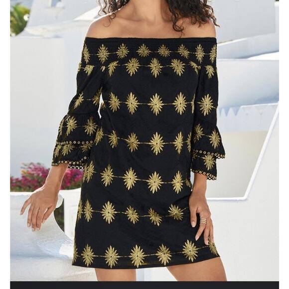 BOSTON PROPER Metallic Off Shoulder Dress Gold Black Cocktail Embroidered M - Picture 1 of 12